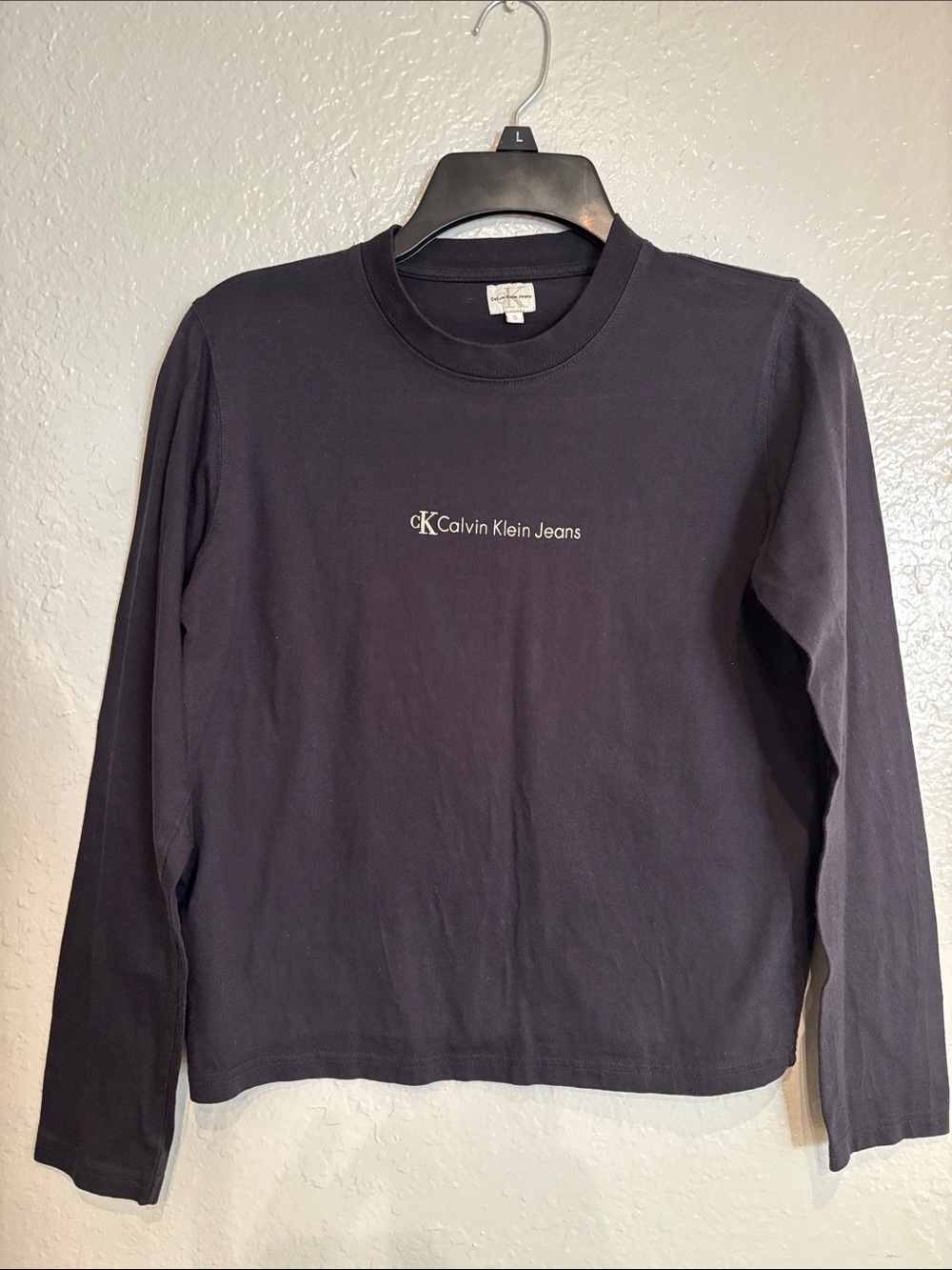 Vtg Calvin Klein Jeans Navy Long Sleeve Logo Shirt Y2K Sz Small Top